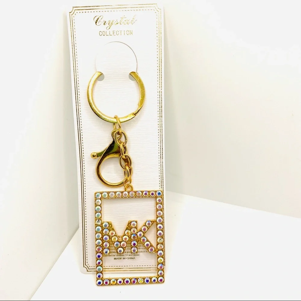 Purse Charm Key Chain MK in Iridescent Crystals set in golden tone. BRAND NEW